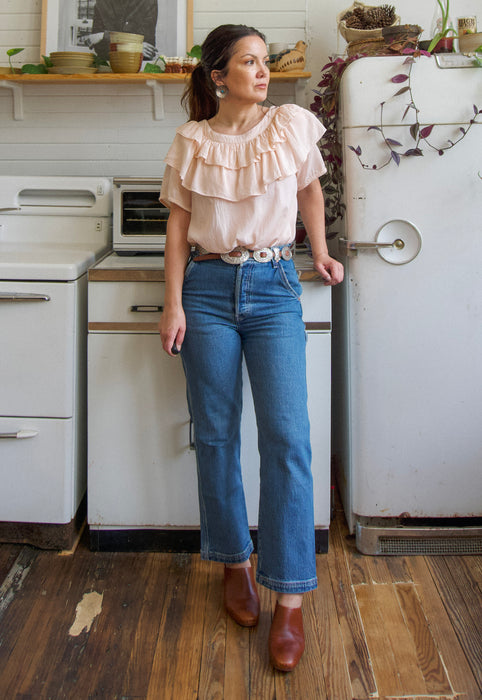 Christie Araujo pale peach ruffle peasant top rayon cotton voile 90s vintage