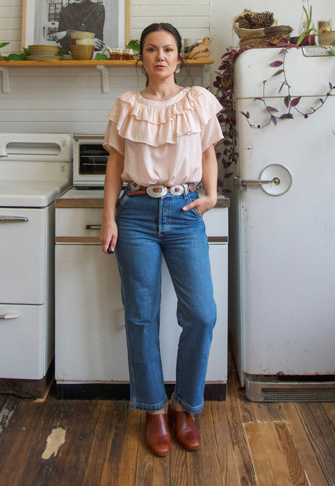 Christie Araujo pale peach ruffle peasant top rayon cotton voile 90s vintage