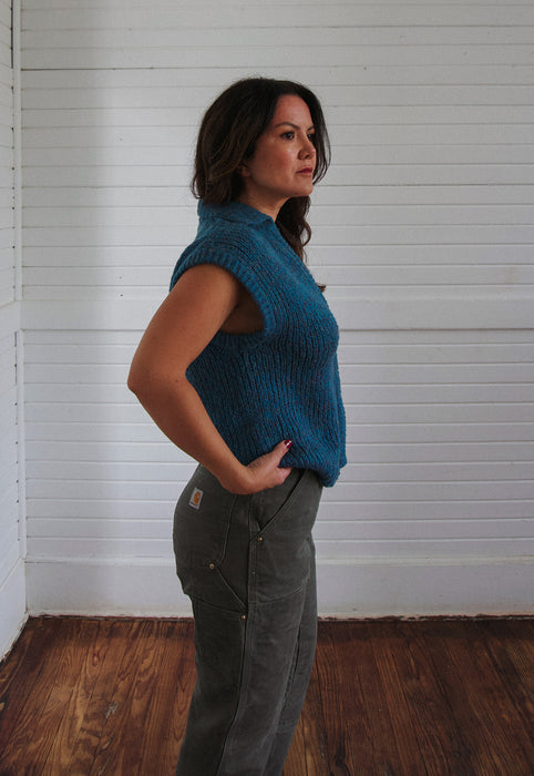 Christie Araujo Idylwild Vintage deep ocean melange sleeveless sweater teal chunky knit