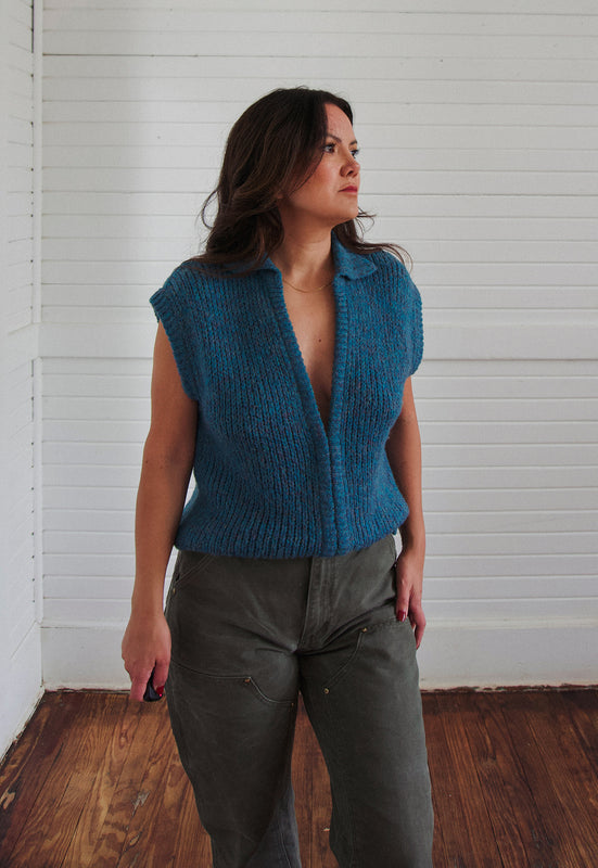 Idylwild Vintage deep ocean melange sleeveless sweater teal chunky knit Christie Araujo