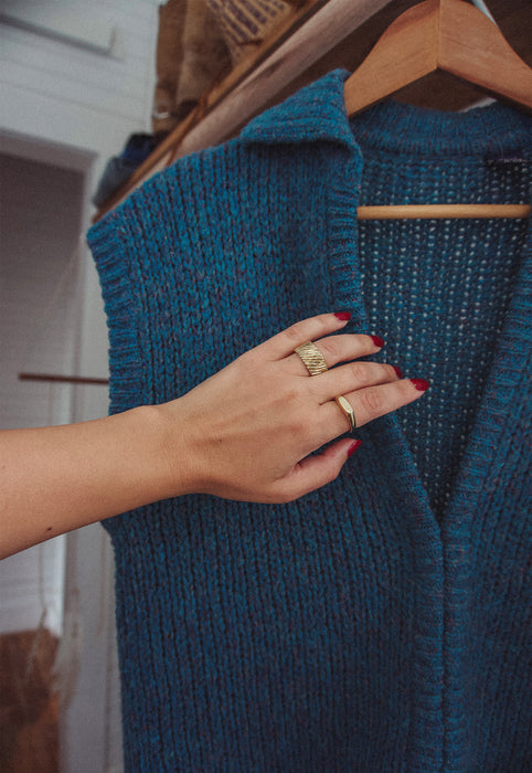 Christie Araujo Idylwild Vintage deep ocean melange sleeveless sweater teal chunky knit