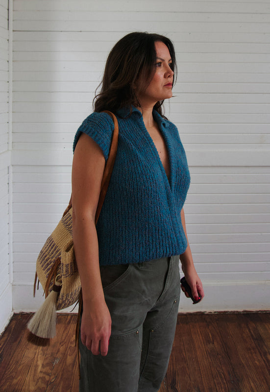 Christie Araujo Idylwild Vintage deep ocean melange sleeveless sweater teal chunky knit