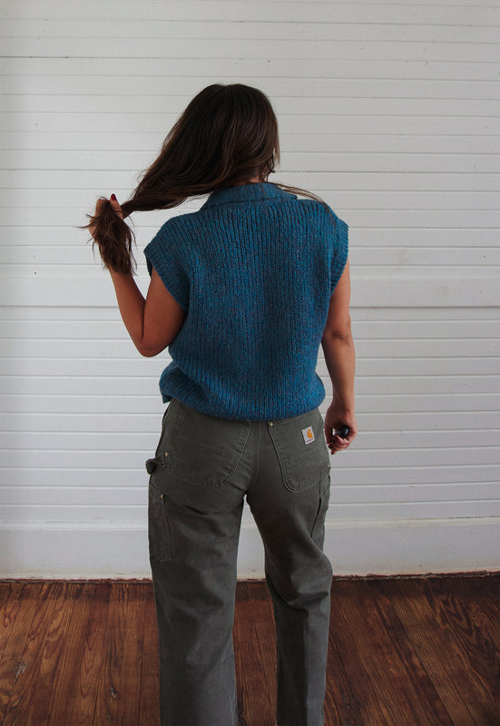 Christie Araujo Idylwild Vintage deep ocean melange sleeveless sweater teal chunky knit