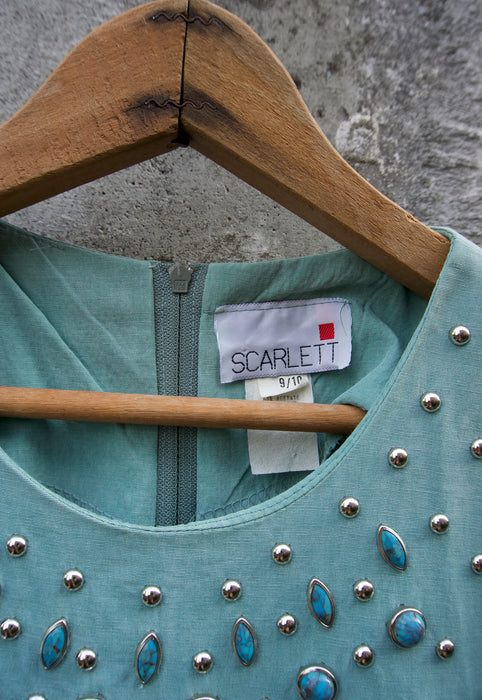 Idylwild Vintage 80s aqua drape dress turquoise embellishement