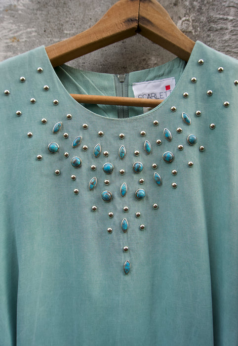 Idylwild Vintage 80s aqua drape dress turquoise embellishement