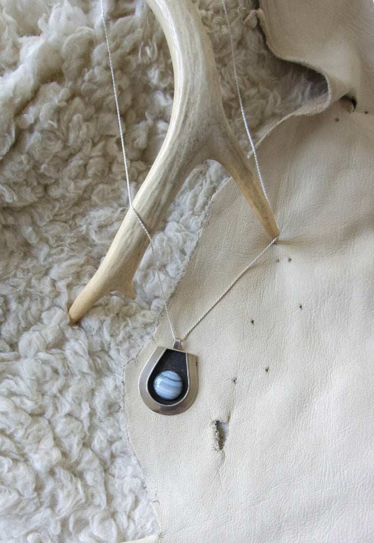Blue Lace Agate Mid Century Modern Horseshoe Necklace