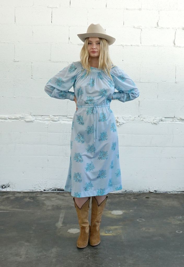 Cornflower Blue Floral Smocked Peasant Dress