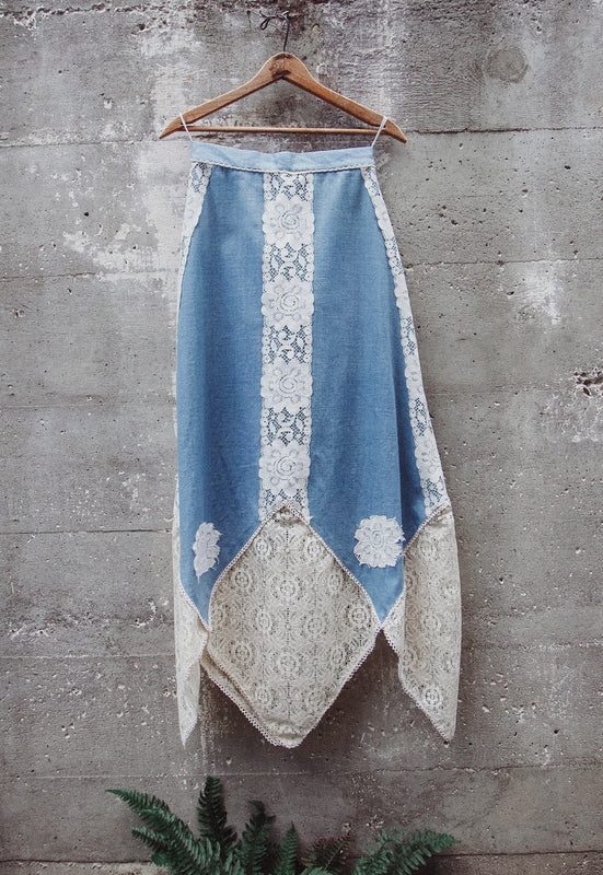 Vintage Denim and Lace Idylwild Vintage Kerchief Hem Country Girl Skirt