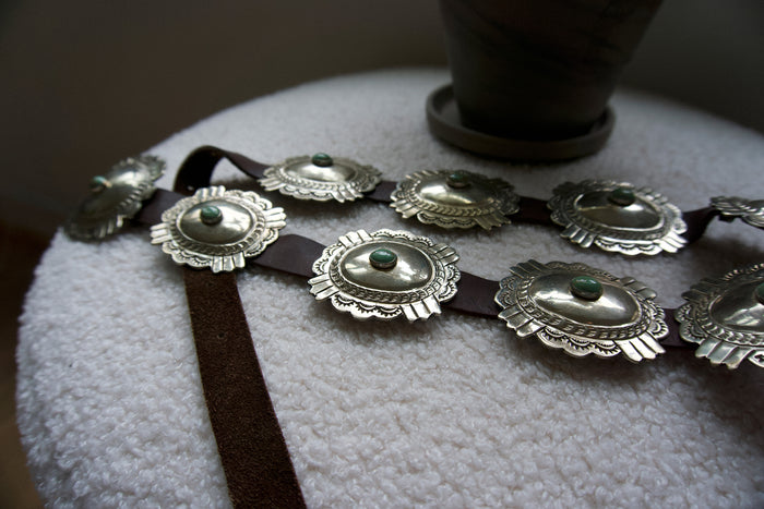 Christie Araujo Vintage Silver and Turquoise Concho Belt on Tobacco Leather