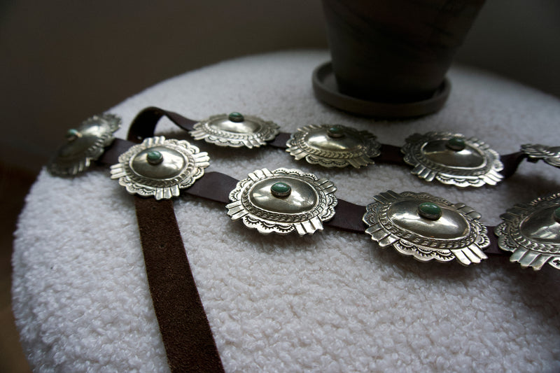 Christie Araujo Vintage Silver and Turquoise Concho Belt on Tobacco Leather