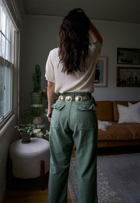 Christie Araujo Vintage Silver and Turquoise Concho Belt on Tobacco Leather