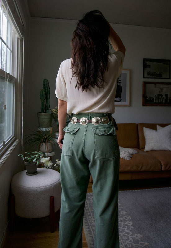 Christie Araujo Vintage Silver and Turquoise Concho Belt on Tobacco Leather
