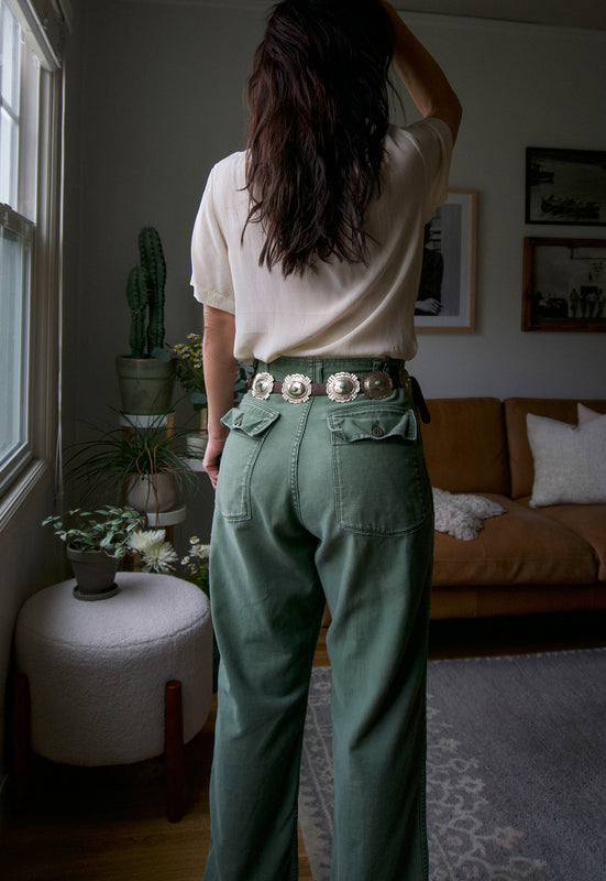 Christie Araujo Vintage Silver and Turquoise Concho Belt on Tobacco Leather