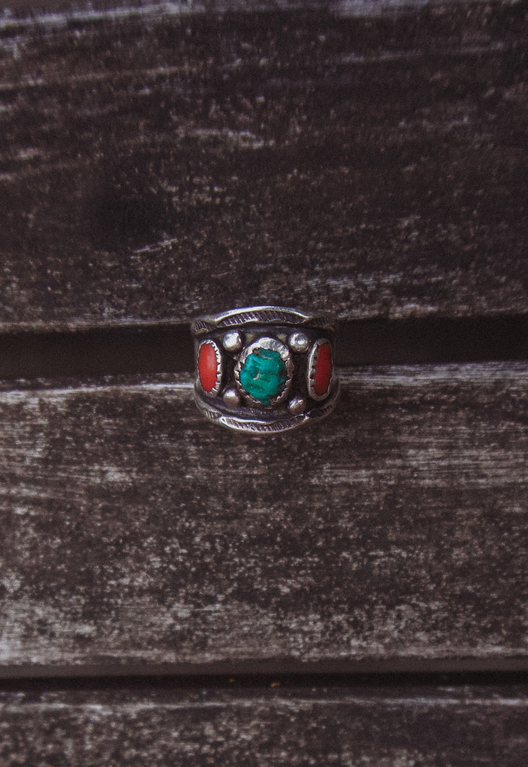 Vintage Turquoise & Coral Crown Ring
