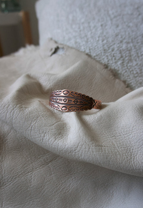 Vintage Copper Scalloped Stamped Bracelet Cross Arrows