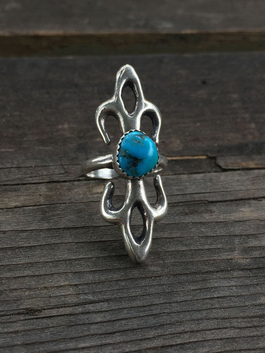 Vintage Native American Sandcast Sterling Silver Turquoise Signed Ring