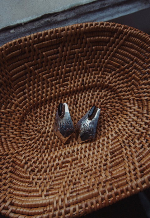 Onyx sawtooth bezel native concho sterling silver earrings