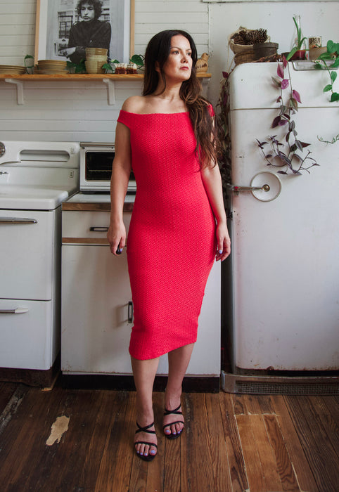 Y2K bebe tomato red off the shoulder scrunch midi dress Christie Araujo
