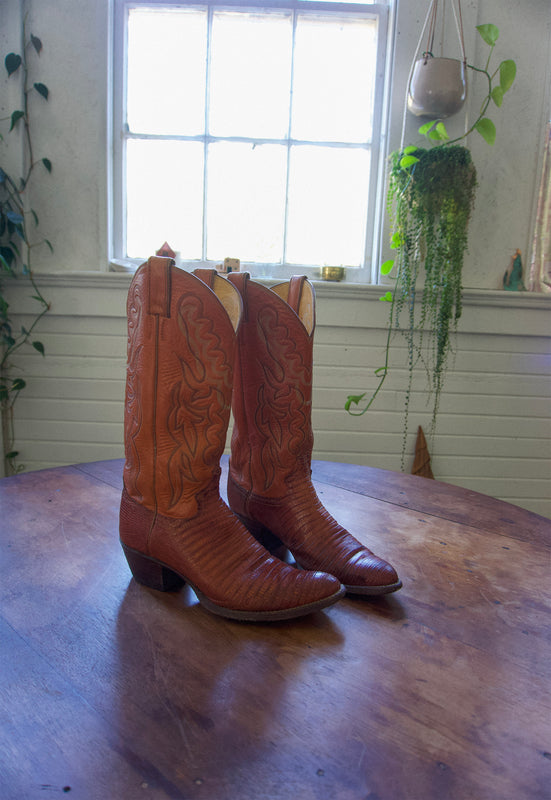 Vintage Justin Roper 7.5 Saddle Tan Snake Cowgirl Boots