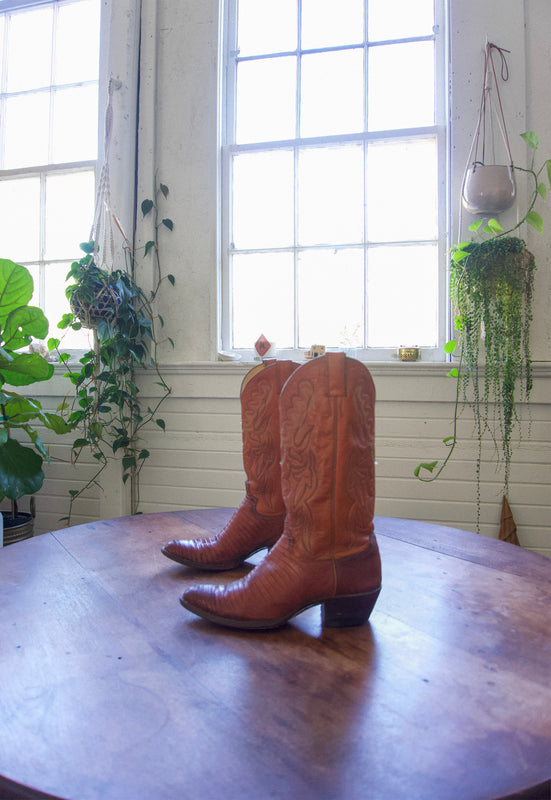 Vintage Justin Roper 7.5 Saddle Tan Snake Cowgirl Boots