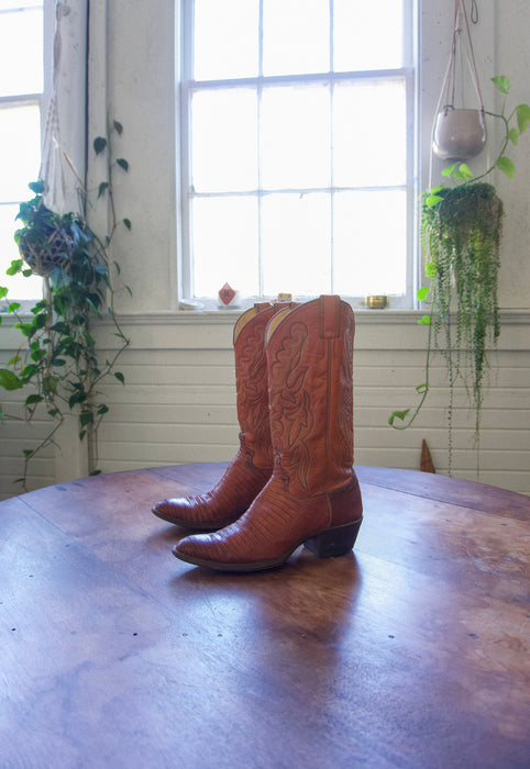 Vintage Justin Roper 7.5 Saddle Tan Snake Cowgirl Boots