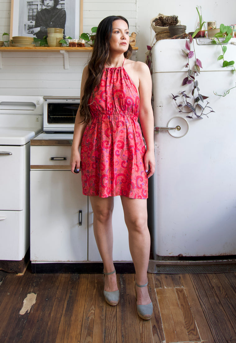 Vintage 1960's Magenta Silk Paisley Halter Mini