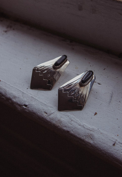 Onyx sawtooth bezel native concho sterling silver earrings