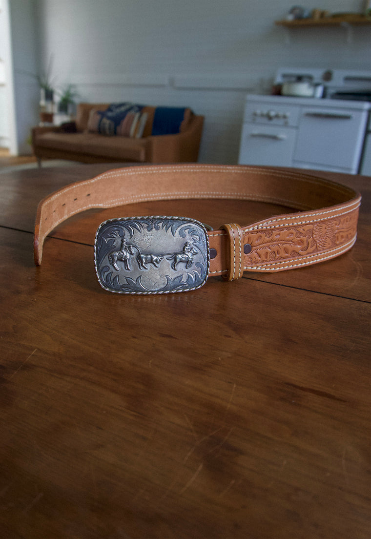 Vintage Double Stitch Saddle Leather Western Belt