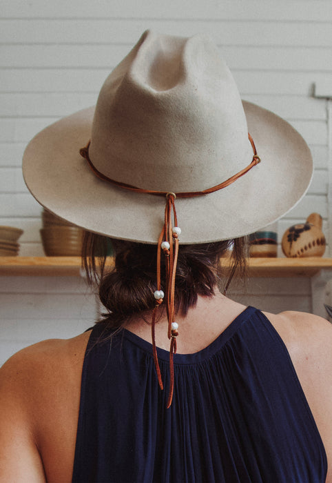 Christie Araujo Bridle Necklace Idylwild Jewelry Freshwater Pearls and Deerskin Leather Lacing Hatband