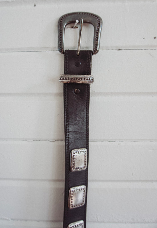 Square Concho Black Leather Vintage Belt