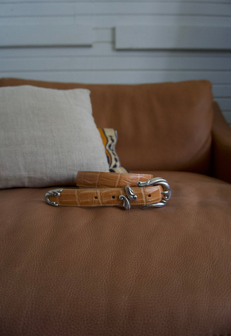 Light tan with silver hardware vintage ornate croc belt