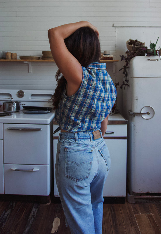 Vintage 90s Country Plaid Sleeveless Shirt Christie Araujo Ties at front