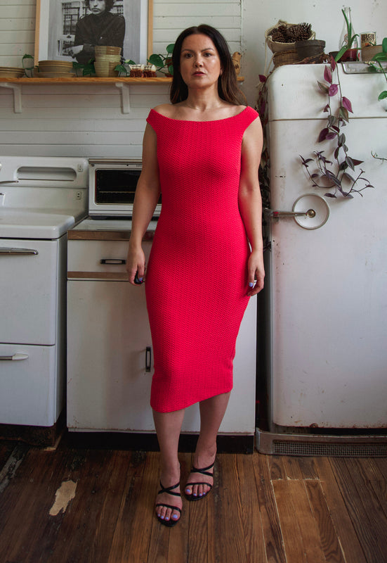 Y2K bebe tomato red off the shoulder scrunch midi dress Christie Araujo