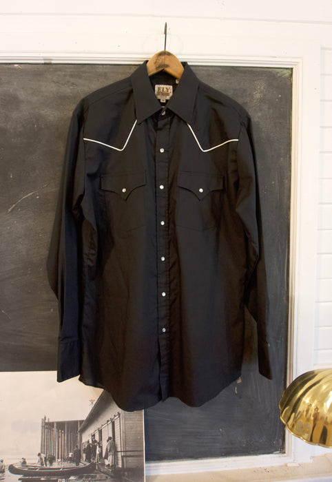 Black with White Piping Western Shirt with Pearl Snaps