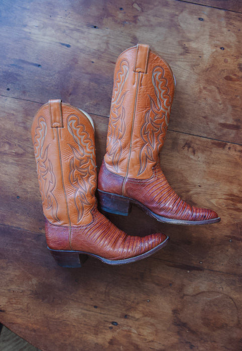 Vintage Justin Roper 7.5 Saddle Tan Snake Cowgirl Boots