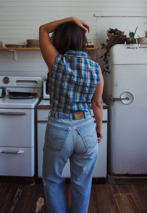 Vintage 90s Country Plaid Sleeveless Shirt Christie Araujo Ties at front