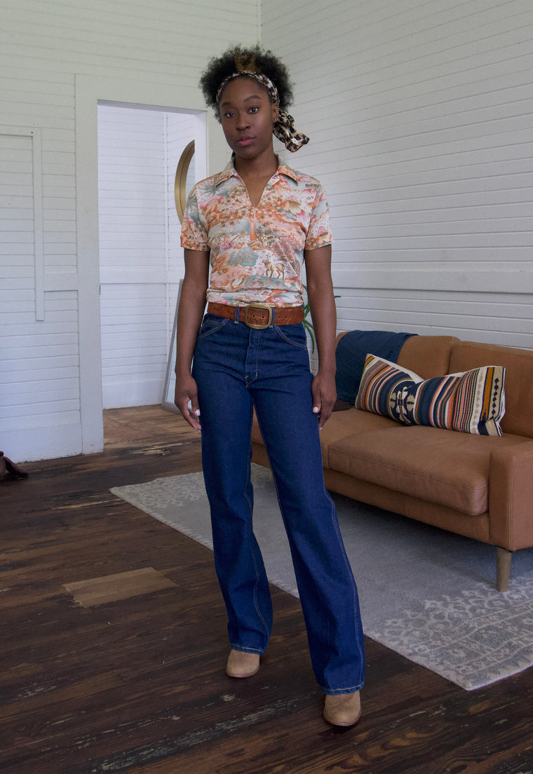 Asian Print Vintage 70's Short Sleeve Top