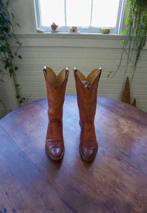 Vintage Justin Roper 7.5 Saddle Tan Snake Cowgirl Boots