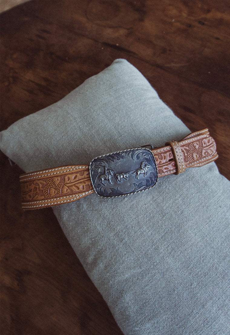 Vintage Double Stitch Saddle Leather Western Belt