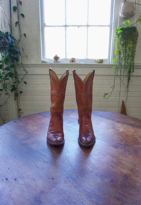 Vintage Justin Roper 7.5 Saddle Tan Snake Cowgirl Boots