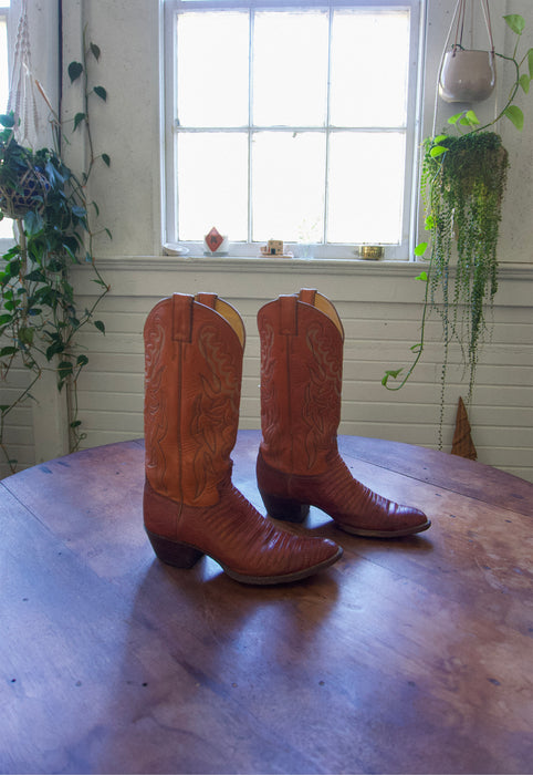 Vintage Justin Roper 7.5 Saddle Tan Snake Cowgirl Boots