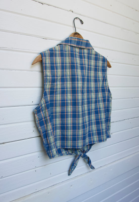 Vintage 90s Country Plaid Sleeveless Shirt Christie Araujo Ties at front