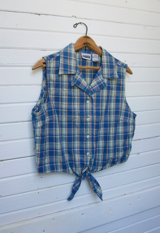 Vintage 90s Country Plaid Sleeveless Shirt Christie Araujo Ties at front