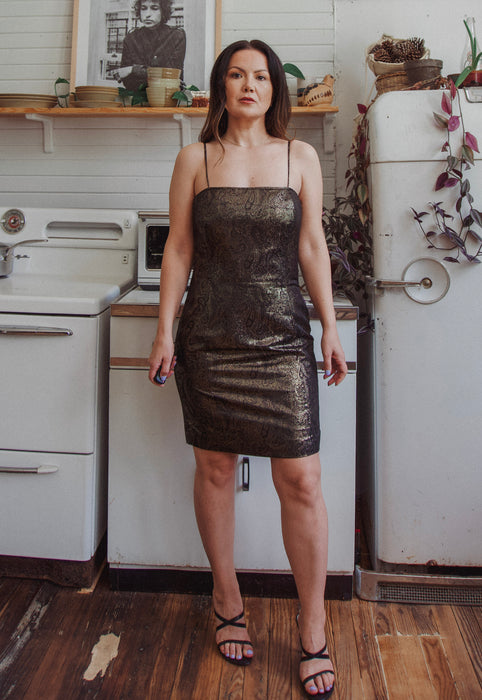90s Black and Gold Spaghetti Strap Barbie Style Mini Dress