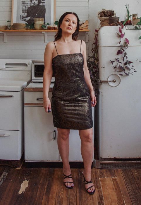 90s Black and Gold Spaghetti Strap Barbie Style Mini Dress