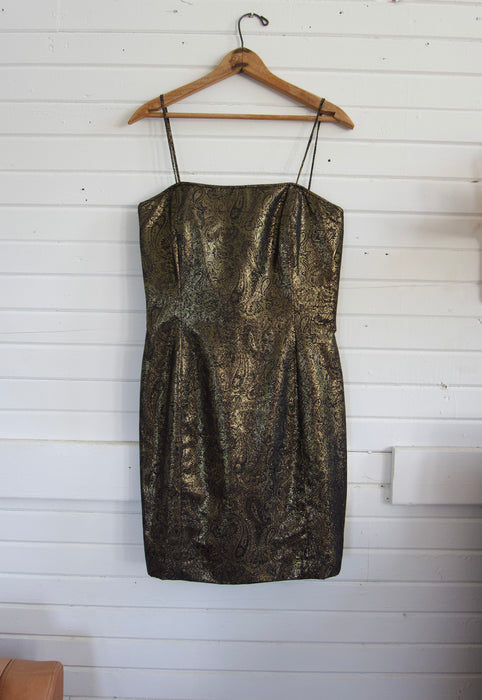 90s Black and Gold Spaghetti Strap Barbie Style Mini Dress