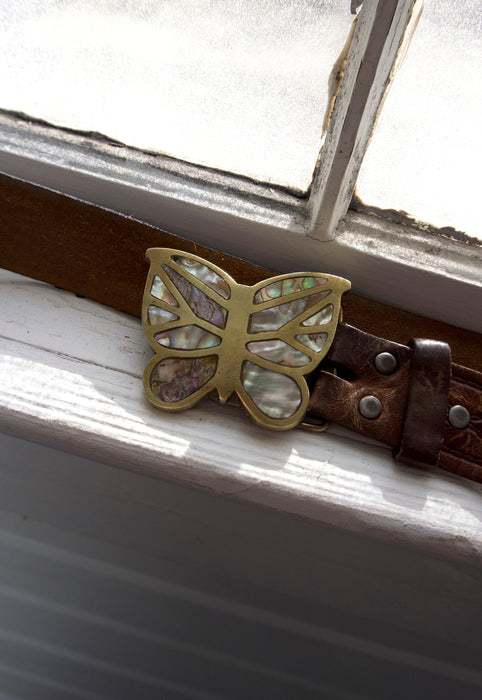 Idylwild Vintage Abalone Inlay Solid Brass Butterfly Belt Buckle