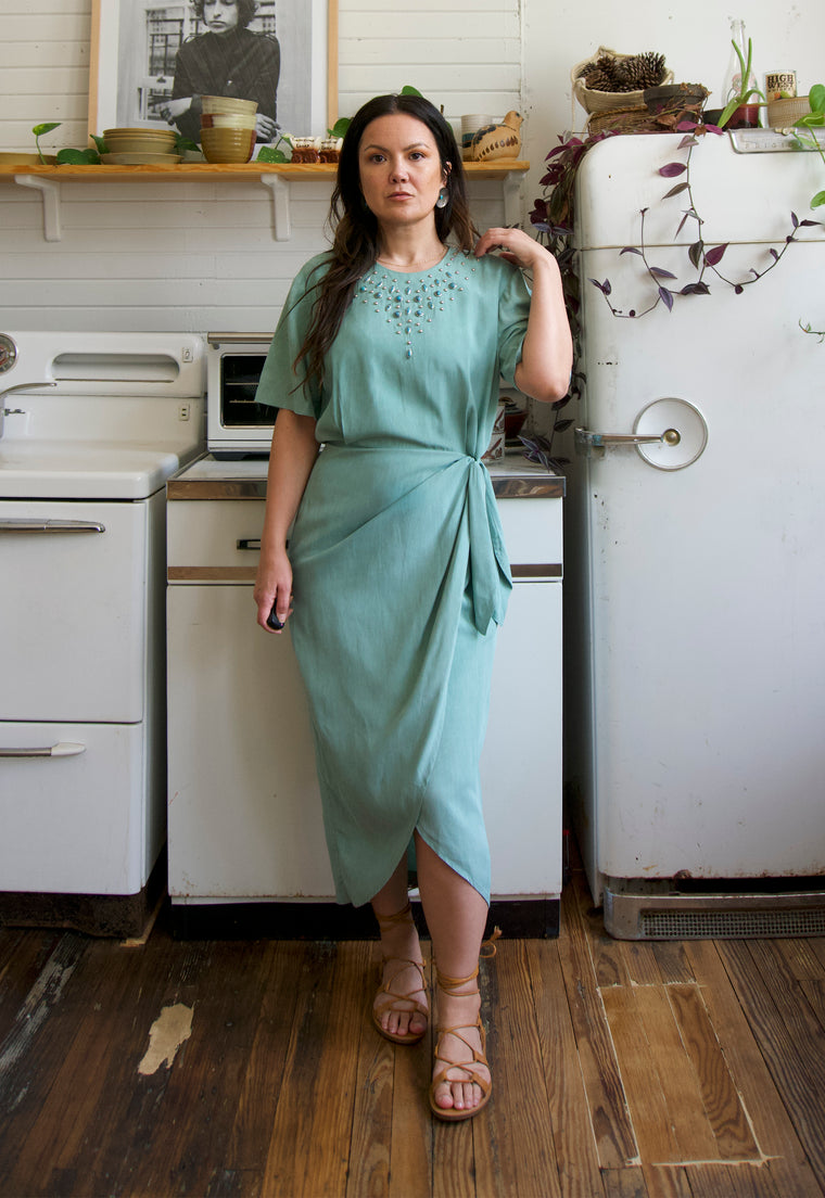 Vintage 80s Aqua Sarong Wrap Turquoise Embellished Dress
