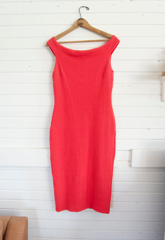 Y2K bebe tomato red off the shoulder scrunch midi dress