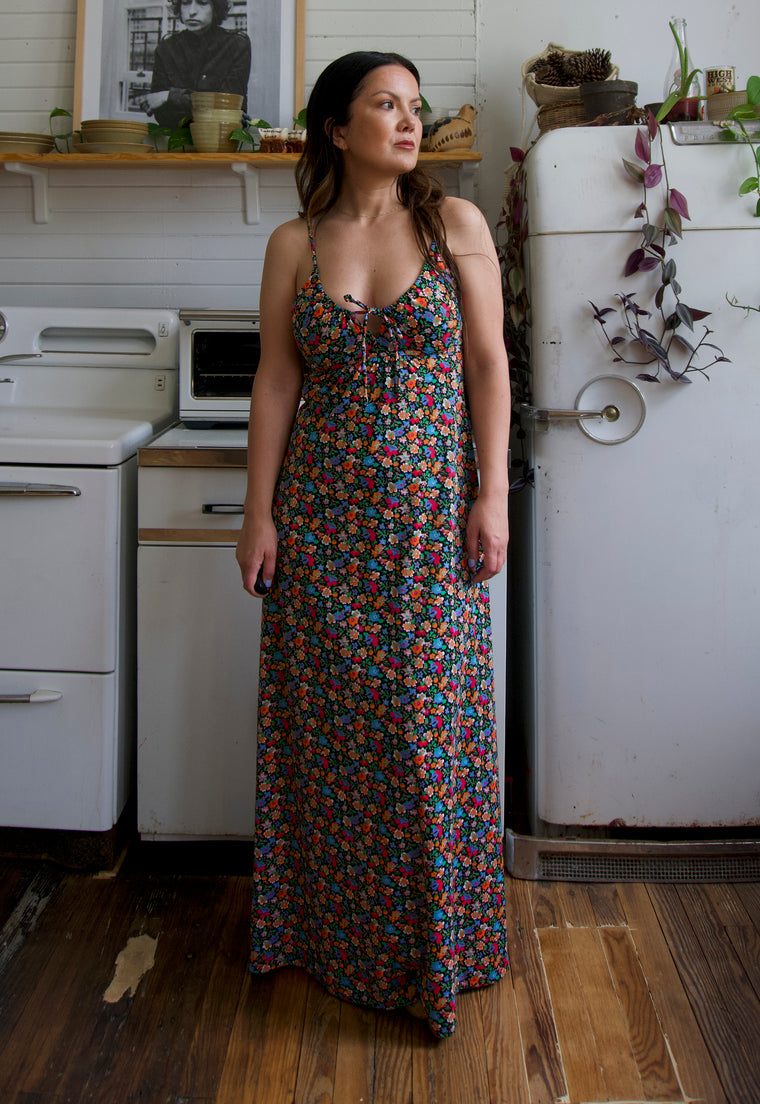 Vintage 1970s Black Floral Maxi Dress